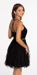 Mesh Plunge Fit and Flare Dress with Pearl Waist Detail