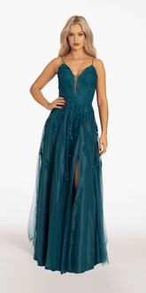 Mesh Applique Plunging Lace Up A Line Dress