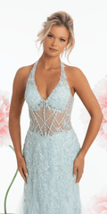 Mesh Halter Mermaid Corset Dress with 3D Florals and Pearl Detail