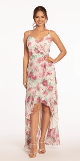 Criss Cross Floral Chiffon High Low Dress