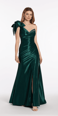 Metallic One Shoulder Pleated Lace Up Back Trumpet Dress with Side Cascade