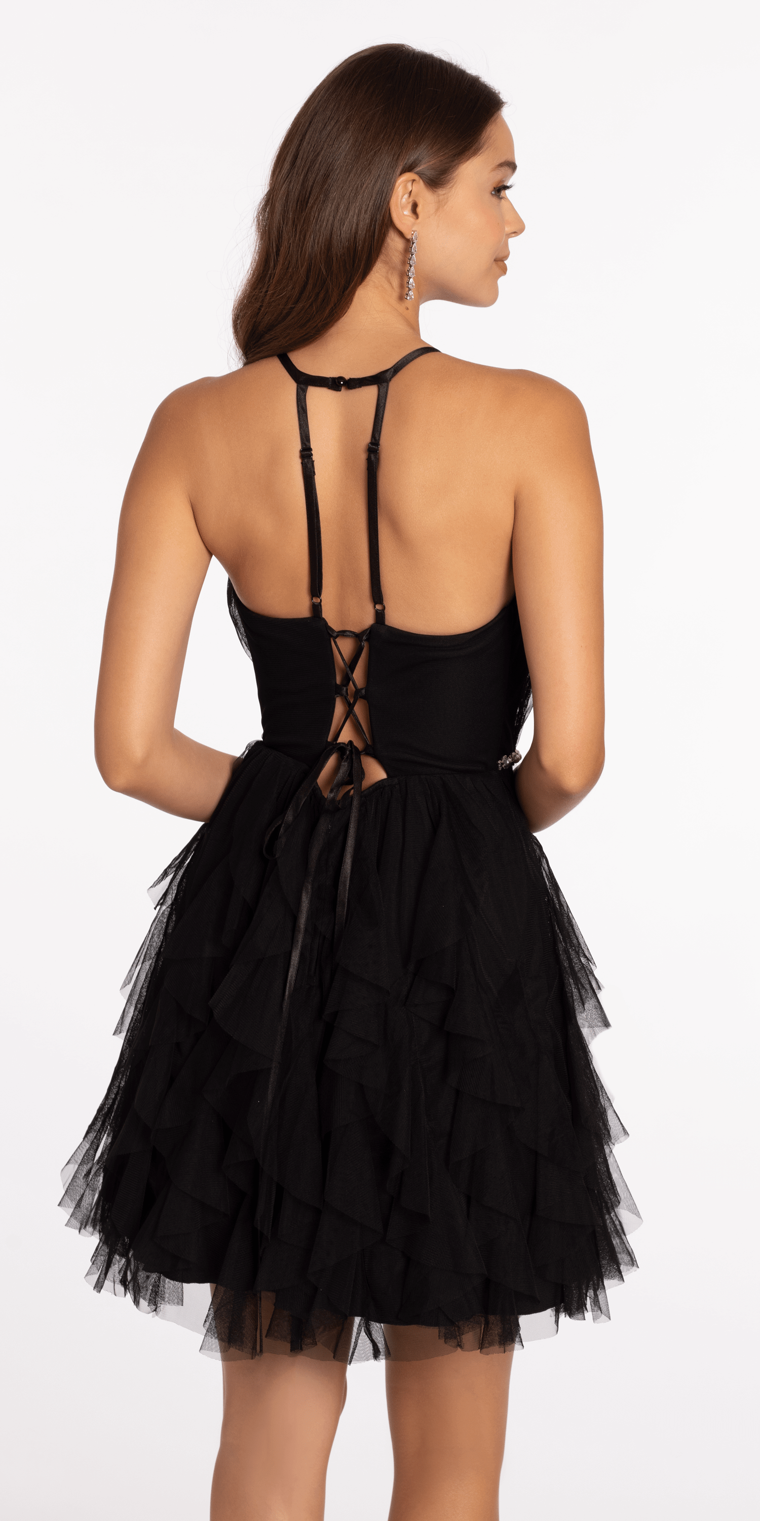 Mesh Plunge Fit and Flare Dress with Pearl Waist Detail
