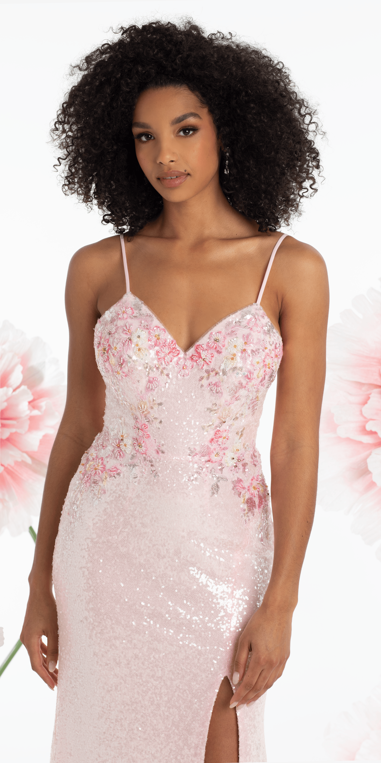 Mesh Burst of Floral Sweetheart Sequin Column Dress
