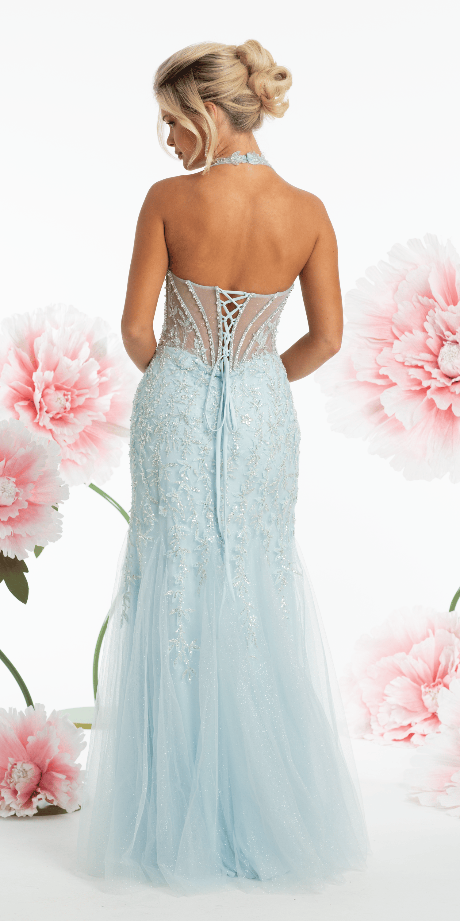 Mesh Halter Mermaid Corset Dress with 3D Florals and Pearl Detail