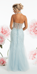 Mesh Halter Mermaid Corset Dress with 3D Florals and Pearl Detail