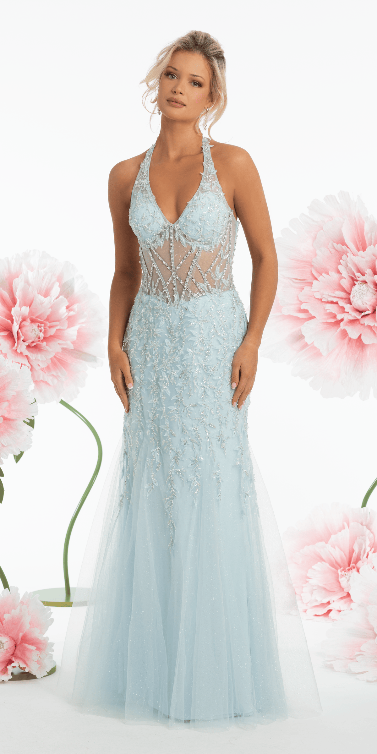 Mesh Halter Mermaid Corset Dress with 3D Florals and Pearl Detail