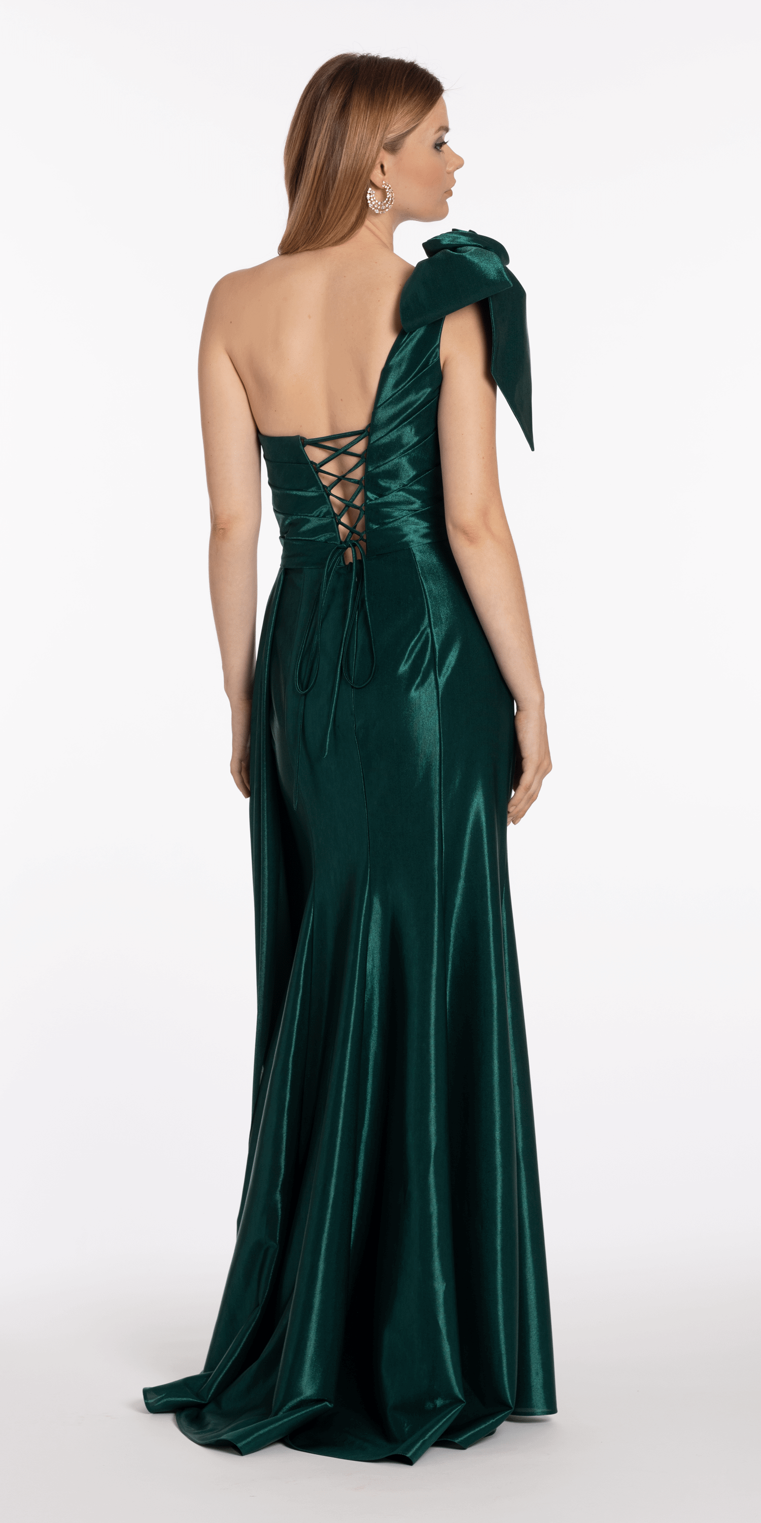 Metallic One Shoulder Pleated Lace Up Back Trumpet Dress with Side Cascade