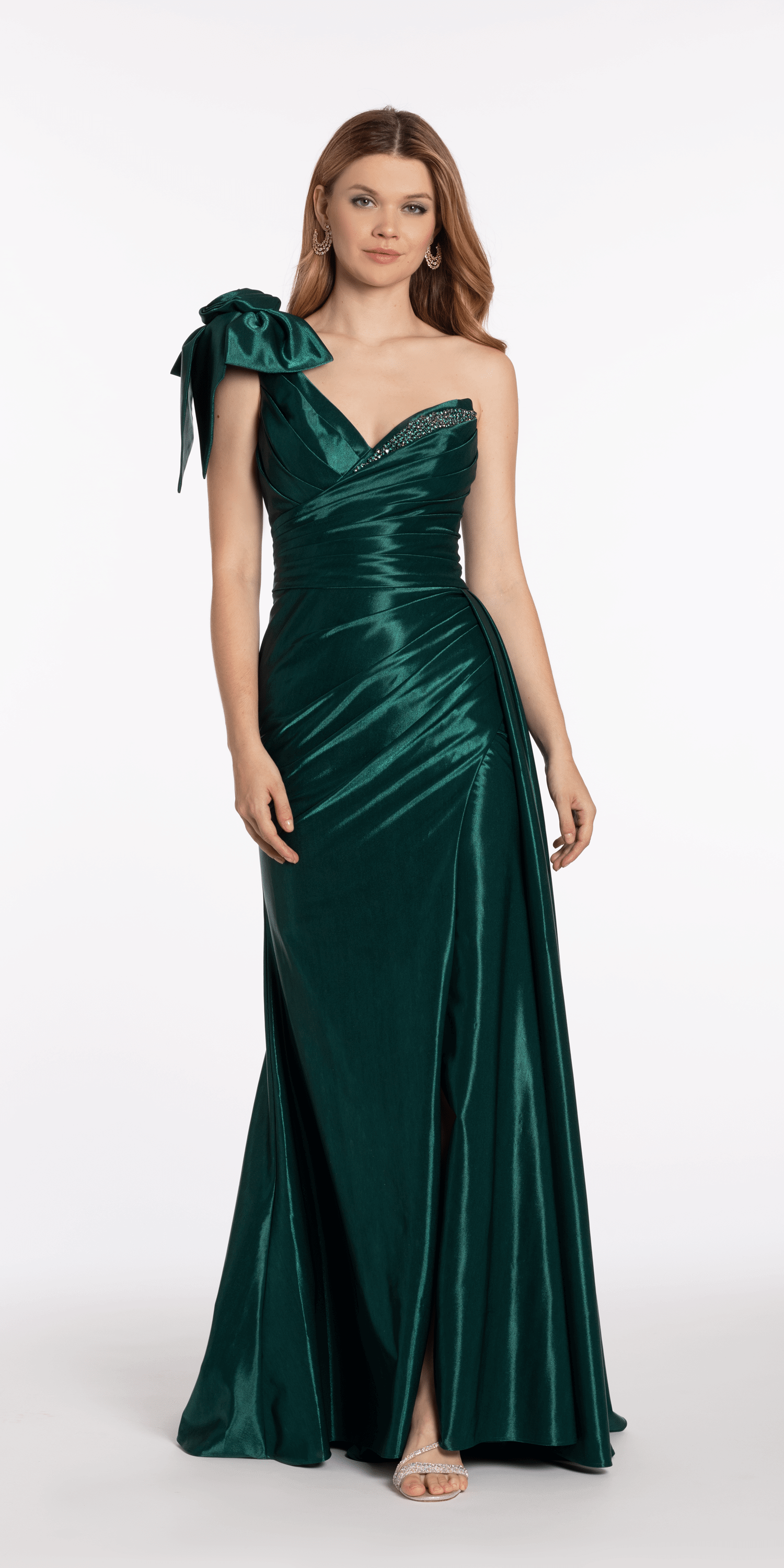 Metallic One Shoulder Pleated Lace Up Back Trumpet Dress with Side Cascade